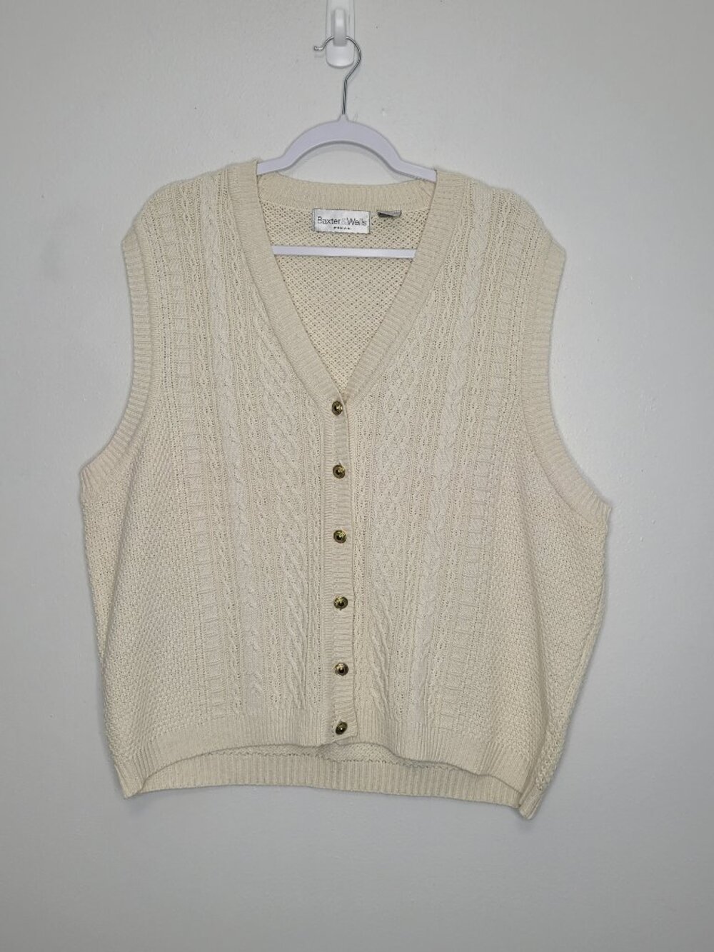 Vintage 90s cream knit preppy button front plus size sweater vest size 2x